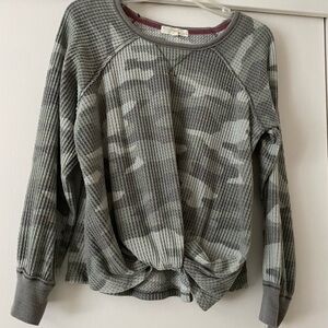 Green Camo Waffle Knit Twist Hem Top